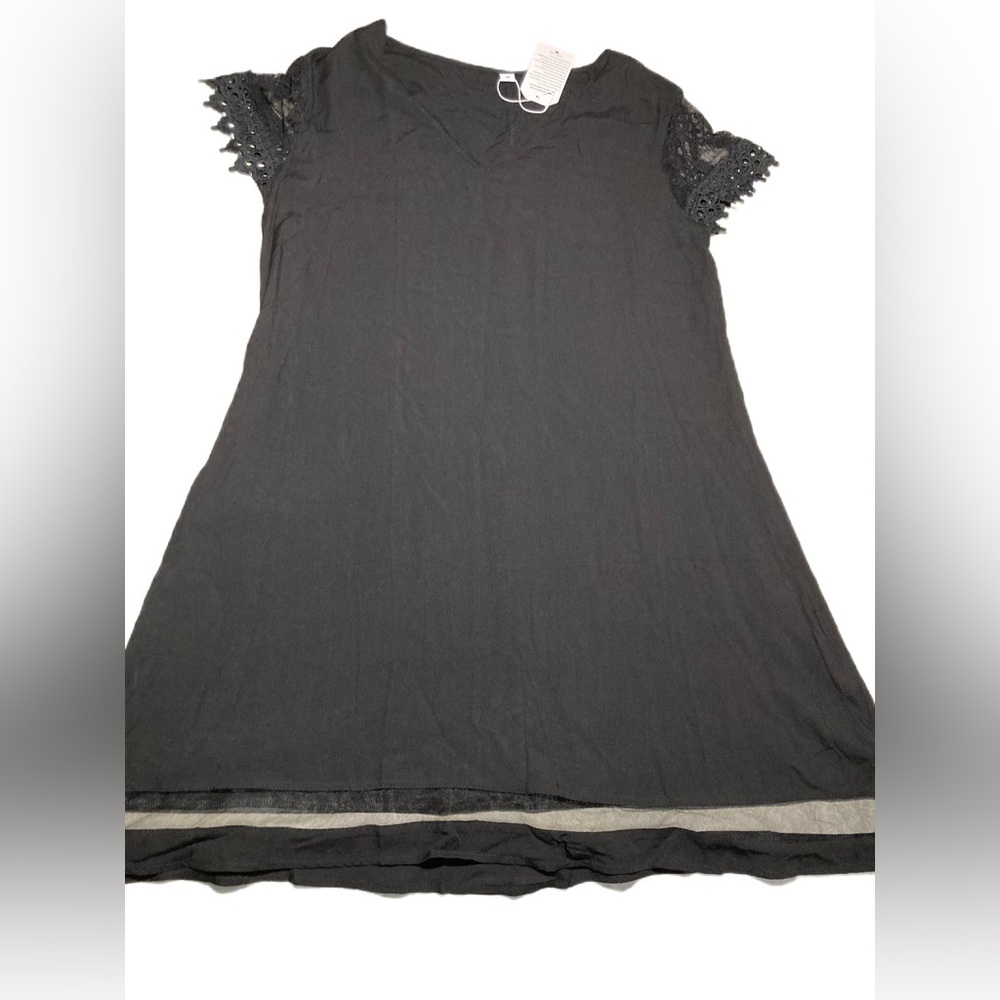 Made With Love Black V-neck Loose Dress w/ Lace Sleeve & Sheer Bottom Medium NWT